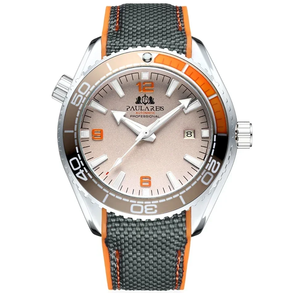 PAULAREIS P Automatische Herrenuhr, mechanisches Selbstaufzugswerk, Canvas-Kautschukarmband, Orange, Blau, Rot, Luxus-Modeuhren 9