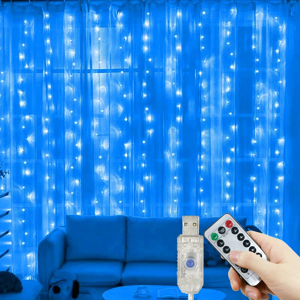 LED Garland Curtain Lights USB Power with 8 Modes Remote Control Fairy Lights String Wedding Christmas Decor for Home Bedroom
