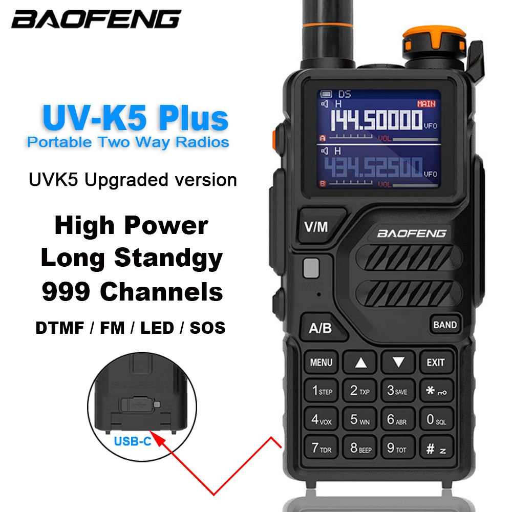 Baofeng-walkie talkie portátil uv-k5 plus, versão atualizada, rádio bidirecional, alta potência, longo alcance, carga tipo c, k5/k6