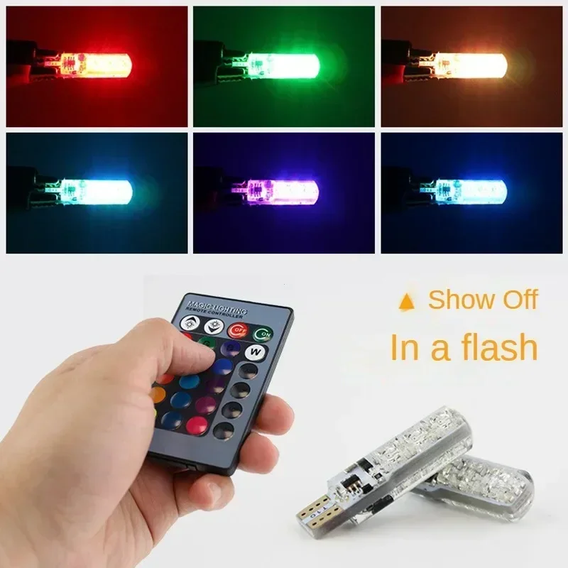 4 PCS T10 Silicone 5050-6SMD LED Remote Control Reading Light RGB Colorful License Plate Mini Lamp for Car/Motorcycle