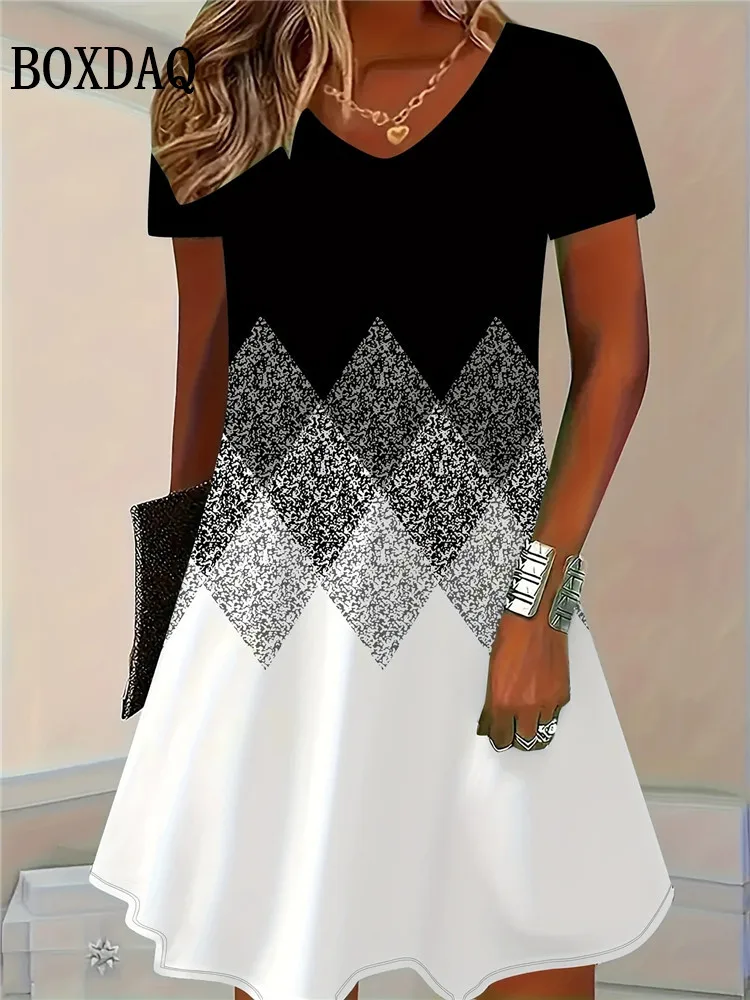 Gradiënt Print Jurken Voor Vrouwen 2023 Nieuwe Mode Plus Size Kleding Zomer Casual V-hals Korte Mouw Losse Midi Jurk Vrouwelijke