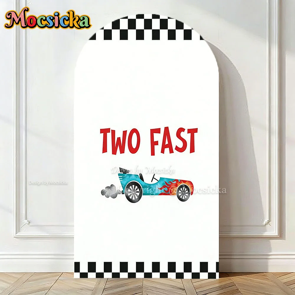 Mocsicka Custom 2-Sided Arch Cover Backdrop Black White Checkered Race Car Two Fast Background Boys 2nd Birthday Party Photo