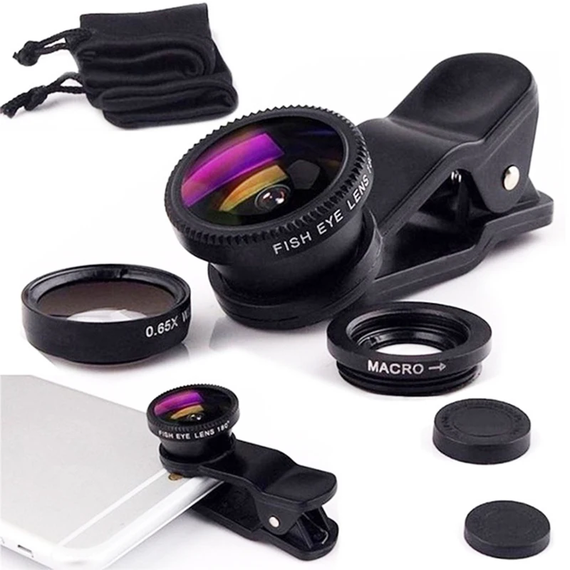 3 In 1 Fisheye Lens 0.67X Wide Angle Micro Camera Lens Zoom Fish Eye Len on Smartphone Lenses with Phone Clip for All Smartphone