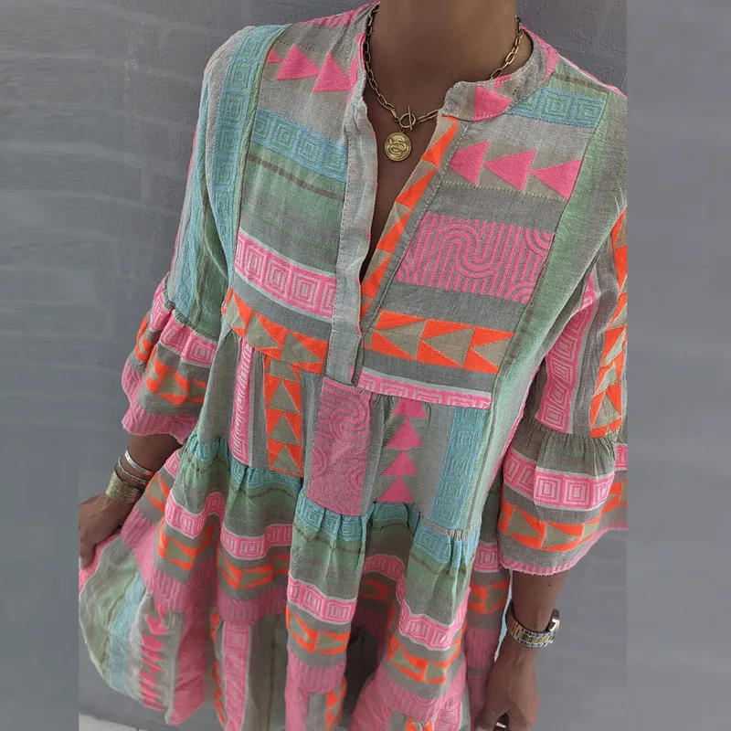 Pink Geometry Print Female Pullover A-Line Dress Sexy V Neck Flare Sleeve Elegant Party Dress Fashion Casual Loose Mini Dresses