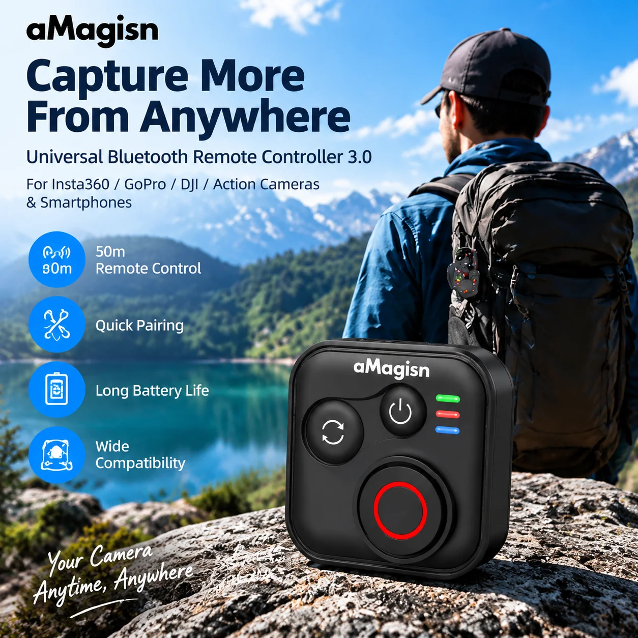 For Insta360 X5 X4 Ace Pro 2 Gopro 13 12 11 10 Action Camera iOS Android Shutter Controller aMagisn 50m Bluetooth Remote Control