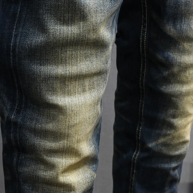 Fashion Designer Men Jeans High Quality Retro Washed Blue Stretch Slim Fit Ripped Jeans Men Slevedge Vintage Denim Pants Hombre