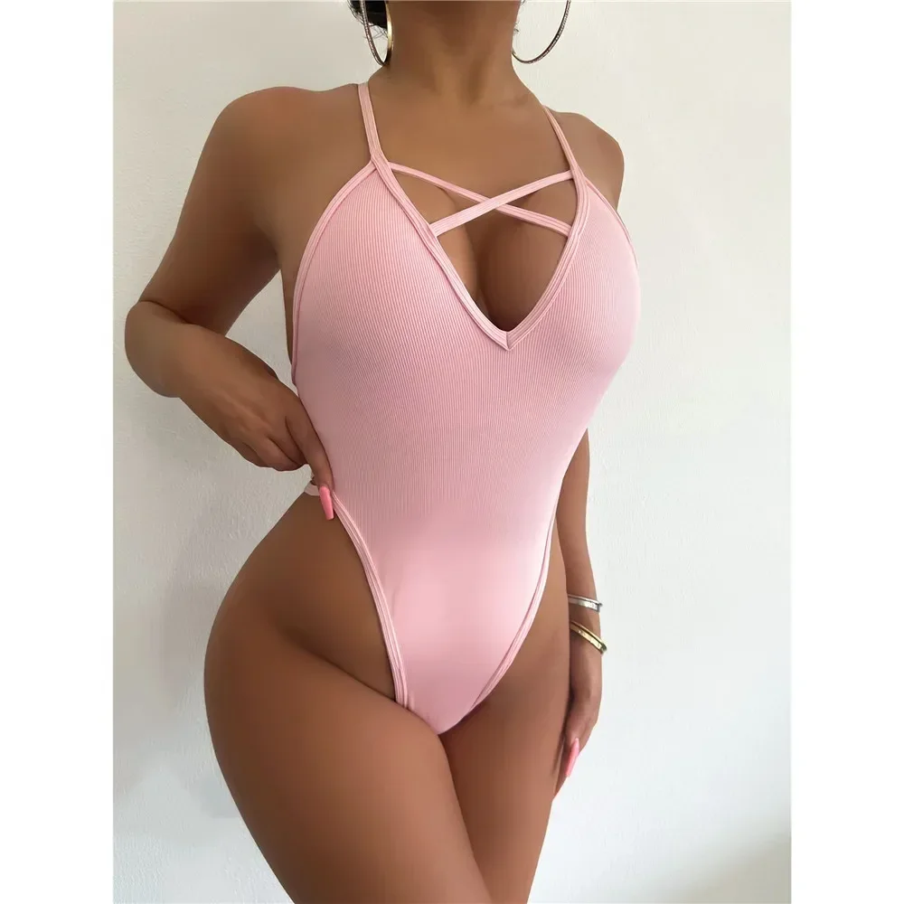 Pink Swimsuit Cross String Backless Micro Bikini Extreme BeachWear One-Piece Monokini Bandage Sexy Women Bathing Suits Swimwears