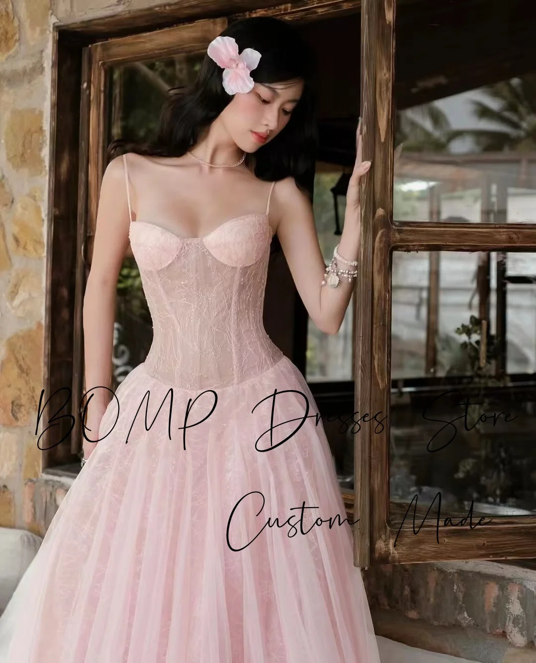 BOMP princesse bébé rose robe de mariée sans bretelles a-ligne longueur de plancher Tulle corée séance Photo robe de réception de mariée personnalisée