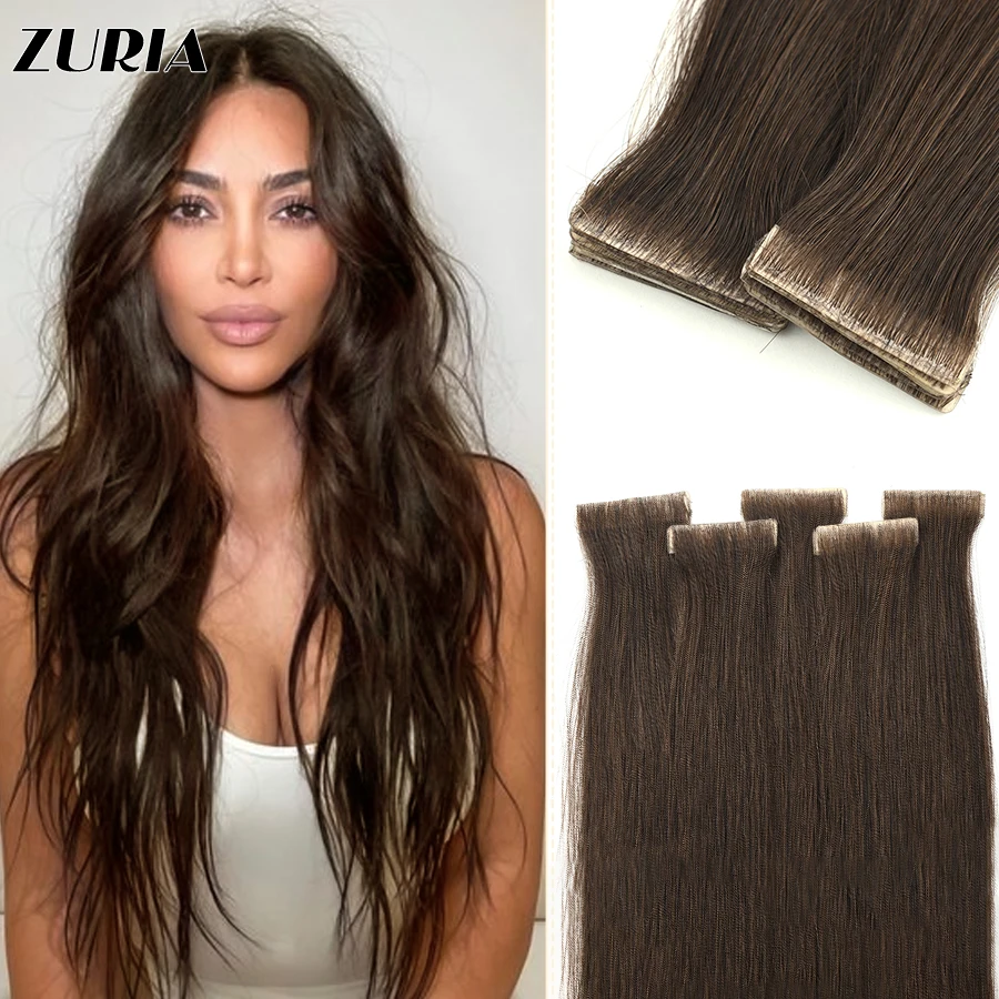 ZURIA PU Skin Weft Tape Hair Extensions Invisible Tape In Hair Extensions Straight 100% Remy Human Hair For Girl 12\