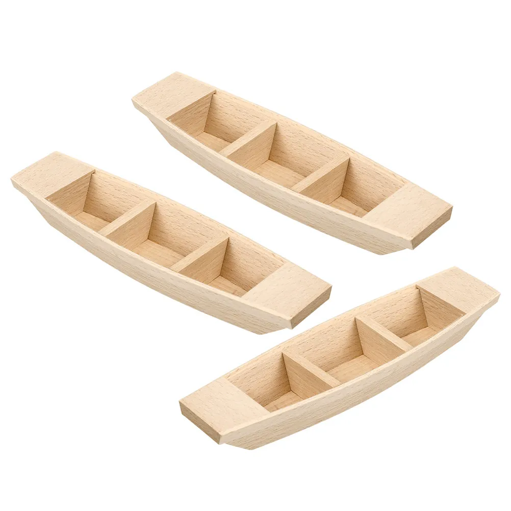 3Pcs Wooden Boat Set Realistic Miniature Canoe Natural Finish Desktop Decoration Nautical Sailing Boat Craft Coastal Room