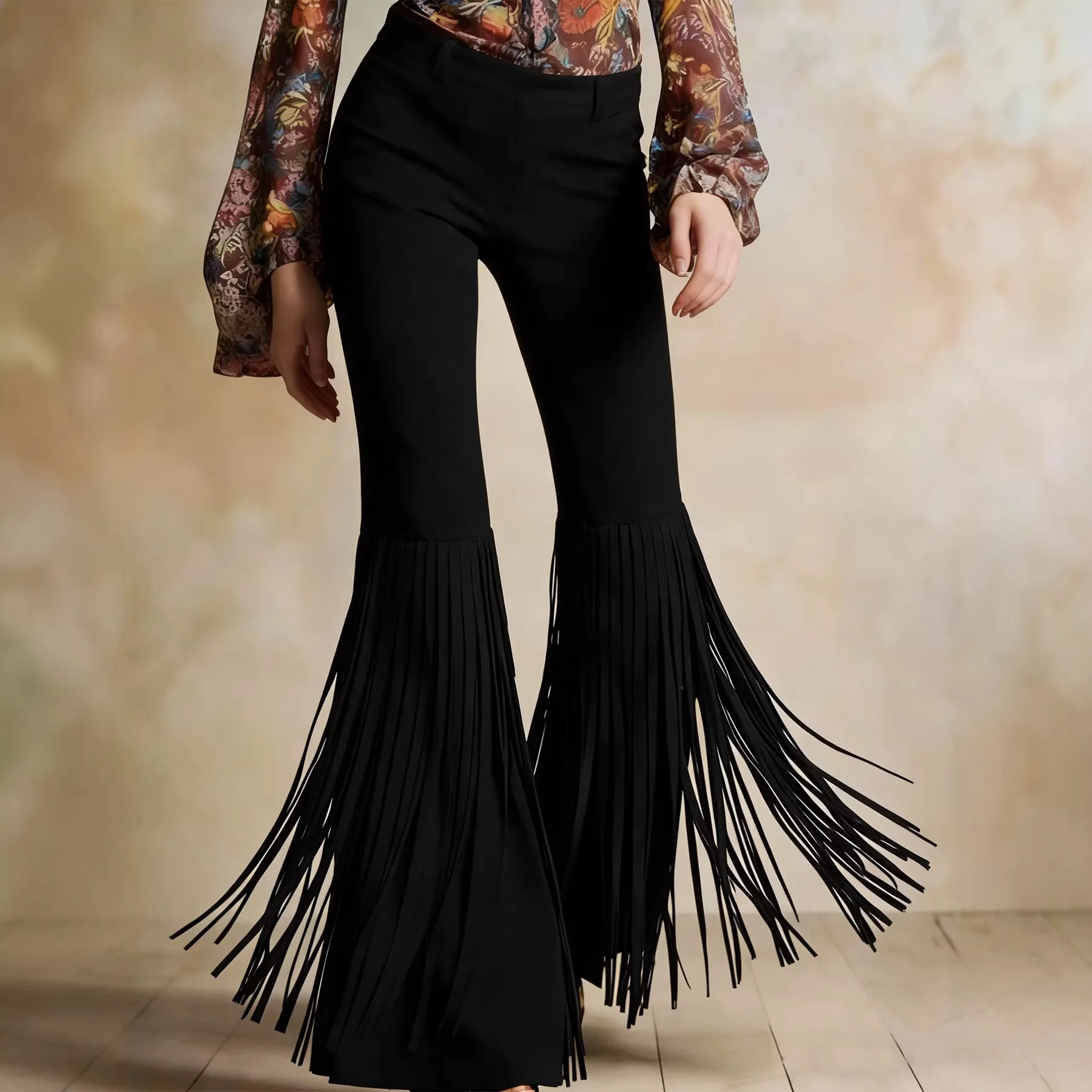 Retro Tassel Flared Pants High Waist Slimming Sexy Long Wide Leg Casual Trousers for All Seasons Denim Style Floor Length