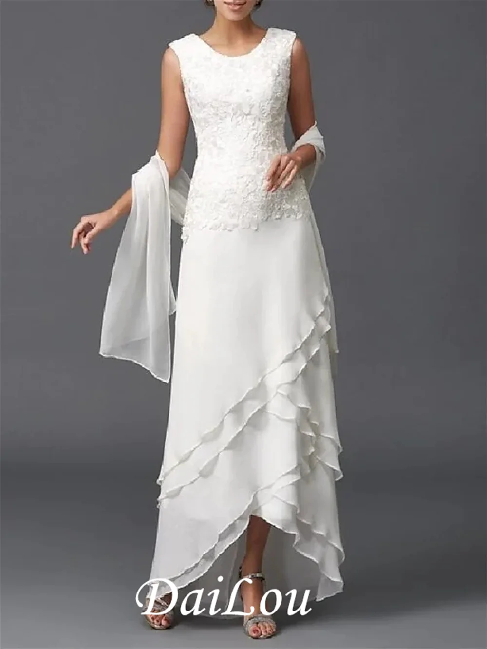 

A-Line Mother of the Bride Dress Wrap Included Jewel Neck Floor Length Chiffon Sleeveless with Lace Tier 2022