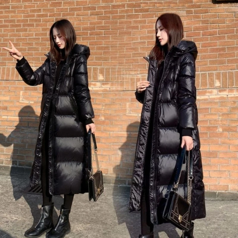 

Black Glossy Parka Coat Women's 2025 Fashion Thicken Winter Hooded Loose Long Jacket Female Windproof Rainproof Warm Outwear