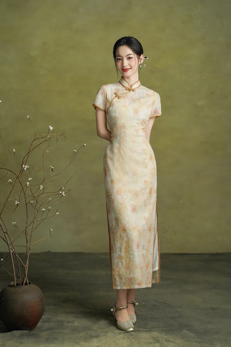 

Retro Old Shanghai Style Short Sleeve Embroidery Cheongsam Summer Daily Young Women's Dress Qipao
