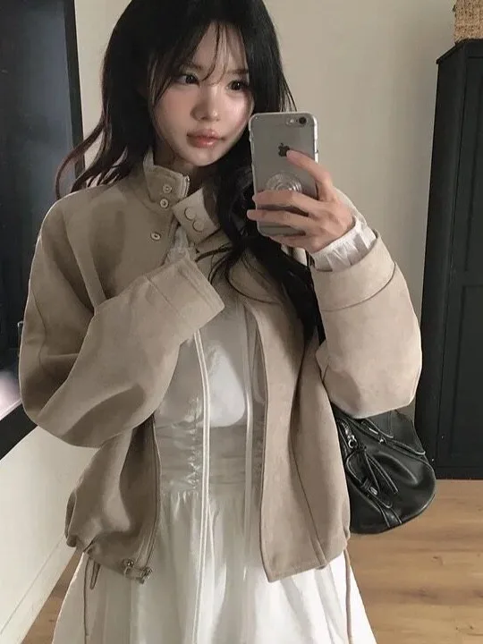 Chic Short Suede Jacket Drawstring Hem Korean Style Women's Outerwear Spring Autumn Winter Fashion Street Style Campus Tour