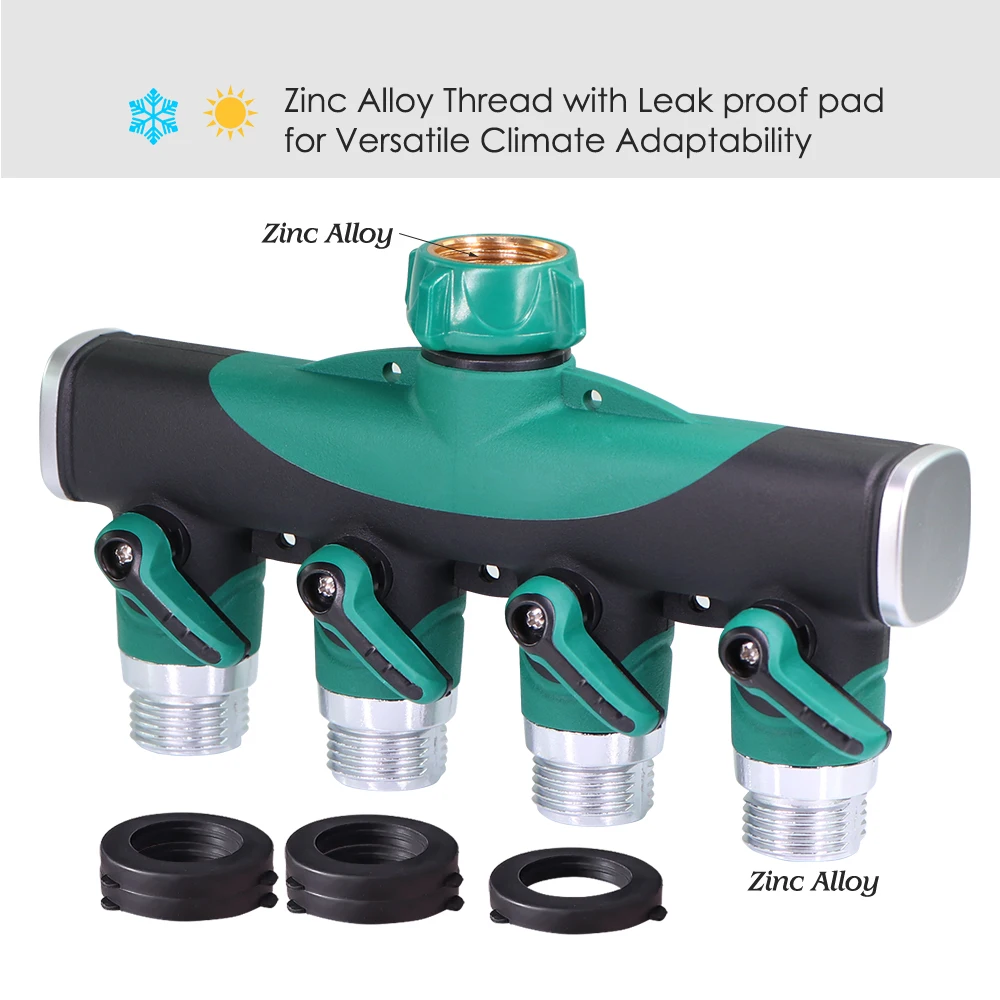 헤비 듀티 금속 4 웨이 3/4 인치 스레드 수도꼭지 스플리터, 차단 밸브 포함, 정원 호스 어댑터, 야외 수도꼭지 커넥터