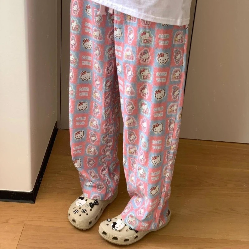 Sanrio Hello Kitty Pajama Pink Cartoon Pants Women'S Spring Summer Trousers Walk Pants Loose Home Pajamas Versatile Home Pants