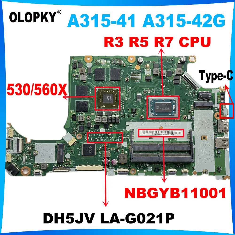 

DH5JV LA-G021P motherboard for Acer Aspire A315-41 A315-42G laptop motherboard with R3 R5 CPU NBGYB11001 Radeon 530/560X GPU