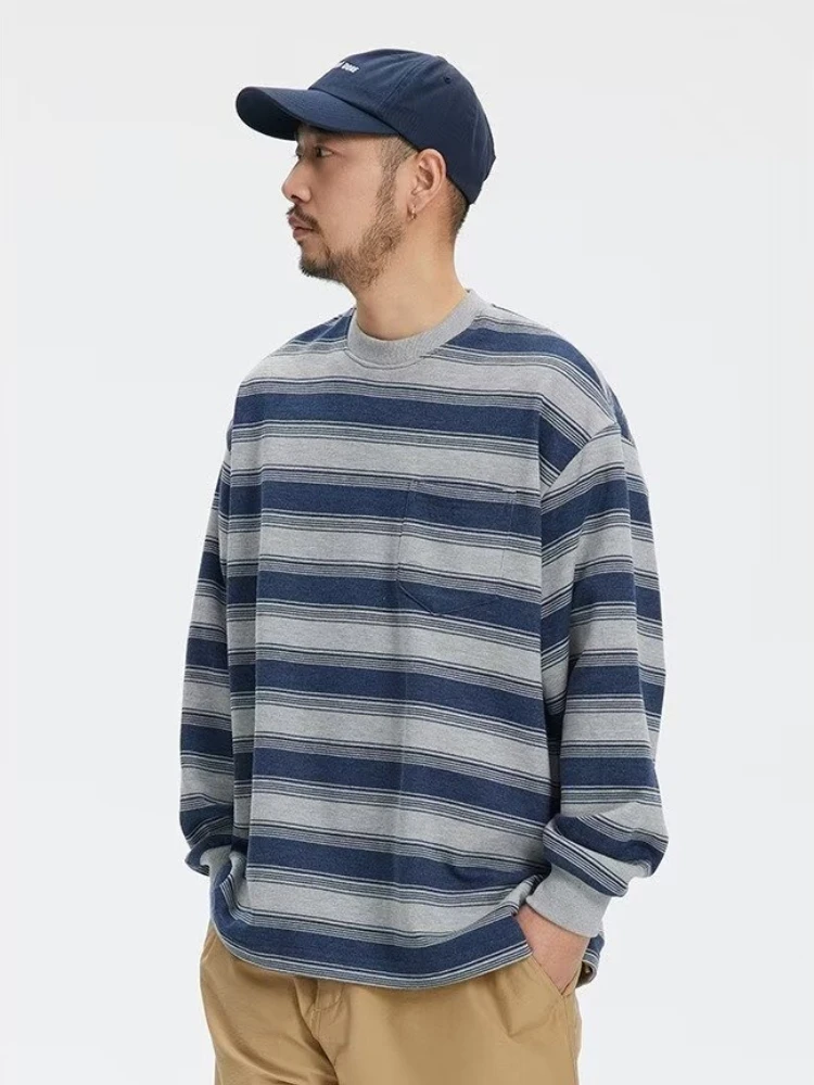 Japanese Long-sleeved T-shirt Men Women Colour-blocked Striped Loose Sweatshirt Street Pocket-embellished Pullover Tops Unisex