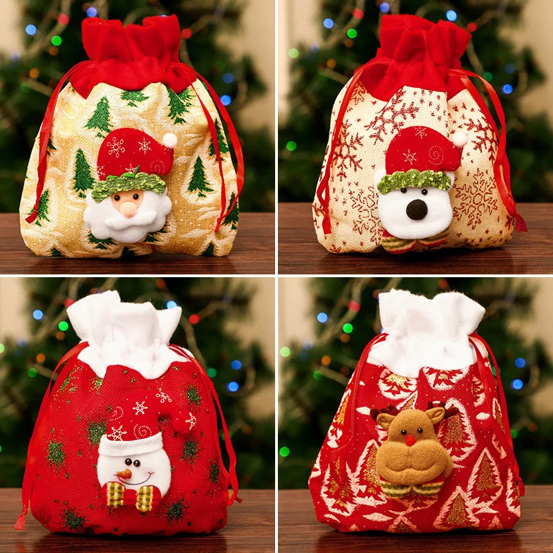 

Christmas Decorations Gift Bag Red Brushed Cloth Candy Bag Gift Bag Decoration Supplies Old Man Snowman Deer Bell Apple Bag