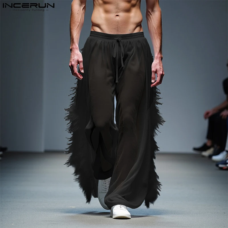 

INCERUN 2025 Men Pants Tassel Patchwork Drawstring Oversize Joggers Trousers Men Transparent Sexy Fashion Long Pants Streetwear