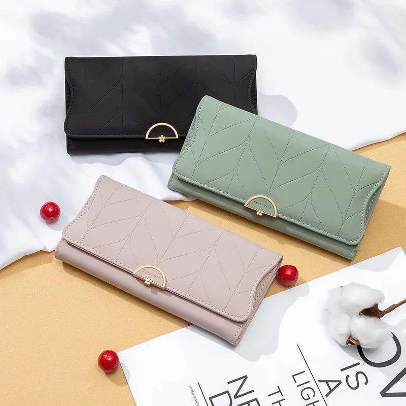 

New Wallets Women Fashion Letter Long Tri-fold High Quality Female Flower Hasp Leather Coin Purses Ladies Clutch Bag Card Holder