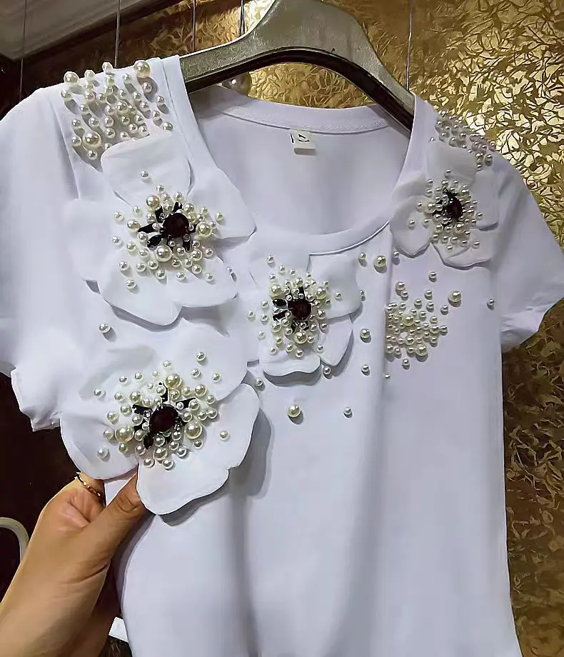 New In Y2K Clothes Luxury Embroidered Flares White Cotton T Shirts For Women Beading Flowers Stitch Tops Tees Camisetas Tshirt