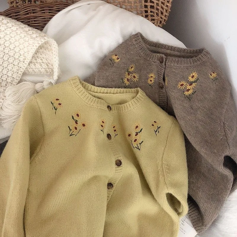 Newborn Baby Girl Princess Floral Embroidery Knit Cardigan Infant Toddler Sweater Long Sleeve Knitwear Coat Baby Clothes 18M-10Y