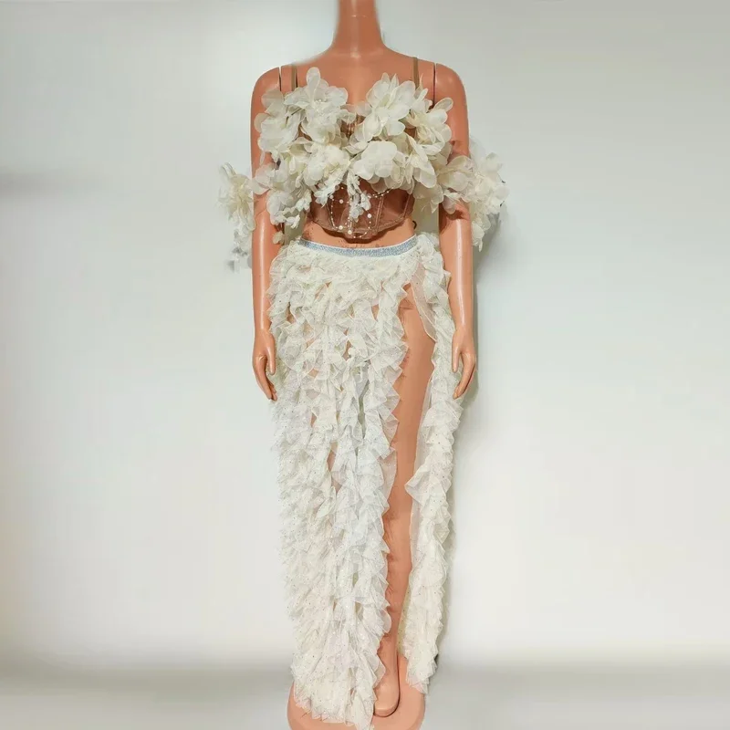 Stage Wedding Outfit White Flower show Trailing Dress Women Celebrate Evening Dresses Sexy Pole Dance Costume