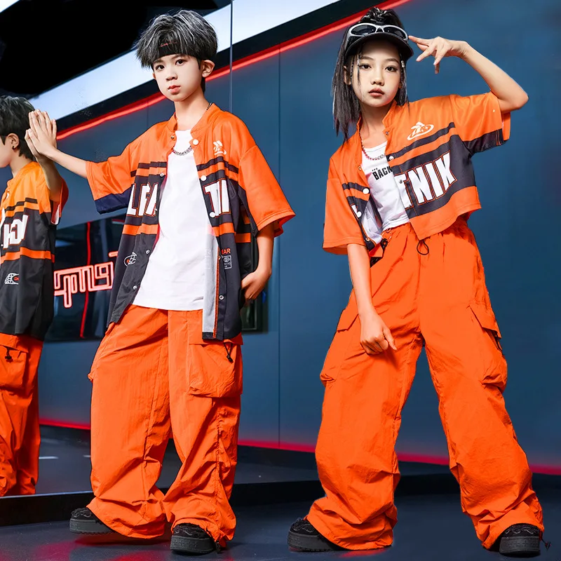 Chidren Summer Girls costume hip hop costume long sleeve jacket orange polyester pants 2 piece set for boys and girls biker cost