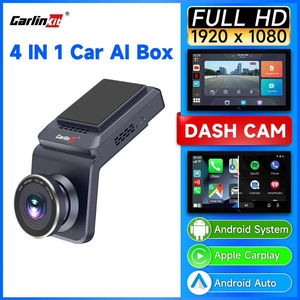 CarlinKit CarPlay Smart Dash Cam Android TV Box 1080P Wireless Android Auto CarPlay Ai Box Built-in Netflix GPS HD Streaming Box