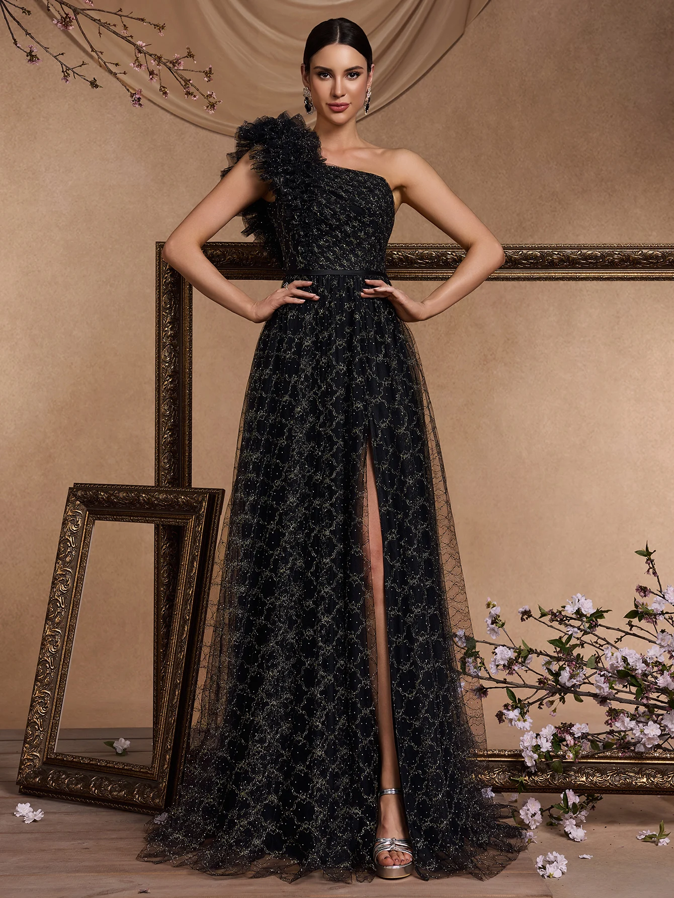 

XUIBOL Elegant Skew-shouldered Sleeve Dresses Luxury Sequin Slit Formal Evening Dress Mermaid Maxi Party Gown Cocktail Prom