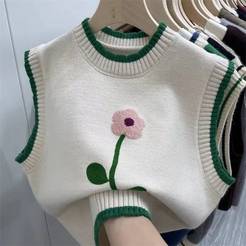 

2024 Spring Chic Korea Version Loose Cartoon Sweater Knitted Vest Autumn Winter New Loose Female Casual Tops Kawaii Vest R303