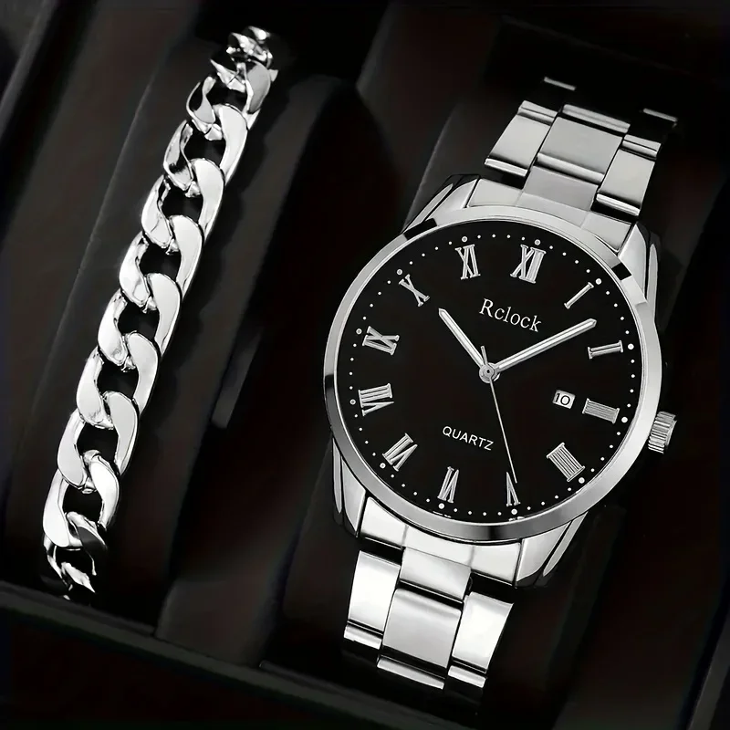 2pcs/set, Men's Quartz Sports Watch with Stainless Steel Bracelet Set - Perfect Gift for Business and Casual Wear