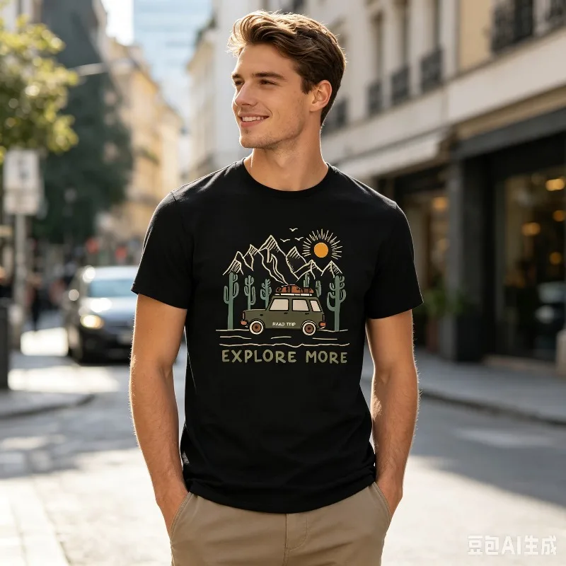 EXPLORE MORE Road Trip T-Shirt for Men Mountain Desert Cactus Print Casual Streetwear Short Sleeve Tee