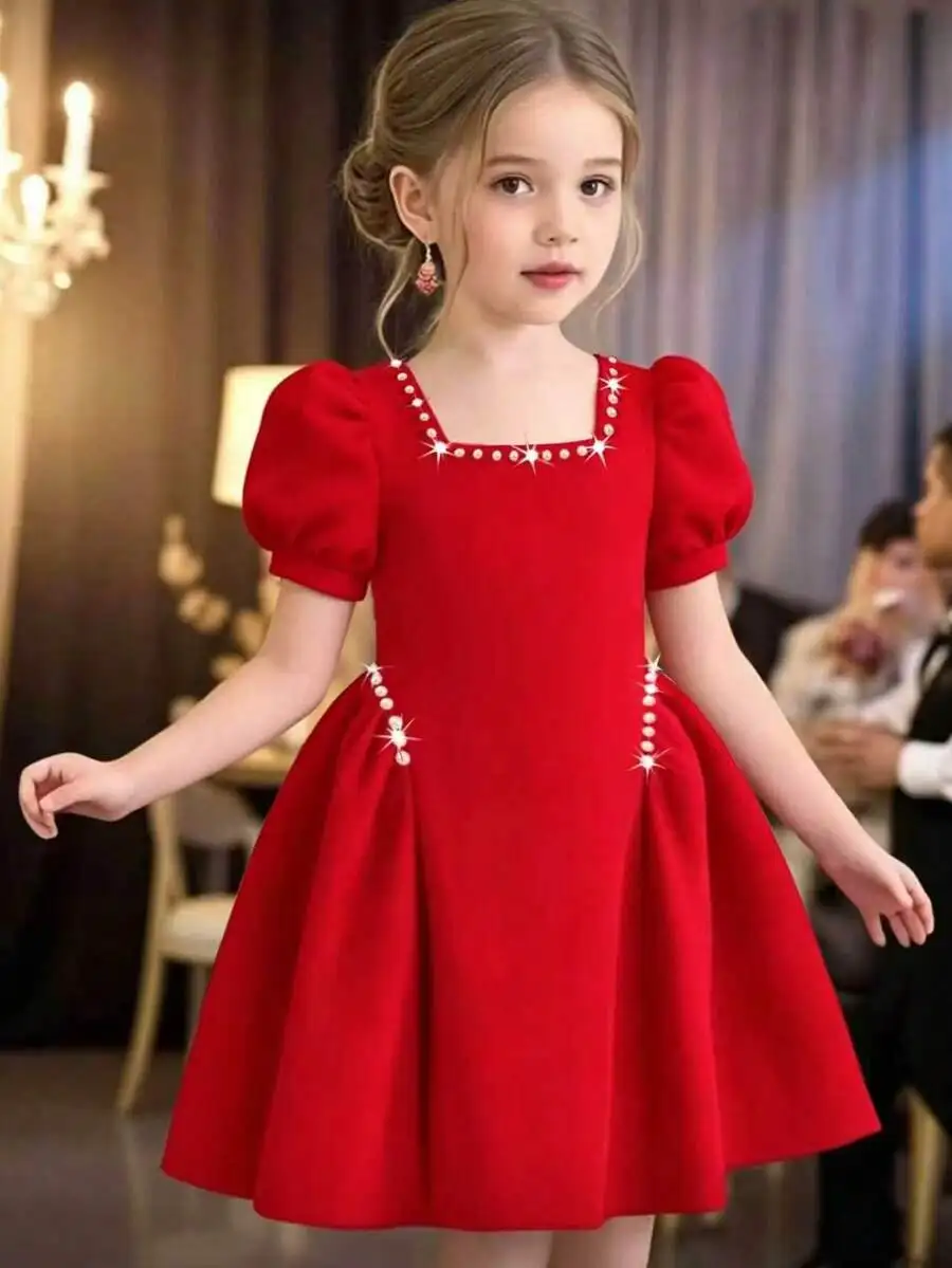 

Red Square Collar Puff Sleeve Evening Dress With Pearl Decoration