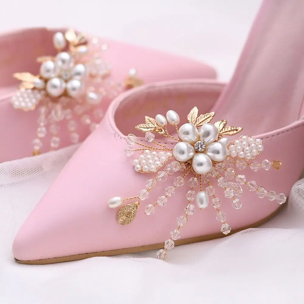 1Pair DIY Wedding Shoes Accessories Detachable Rhinestone High Heels Shoe Buckle Pearl Beads Elegant Bridal Shoes Decoration