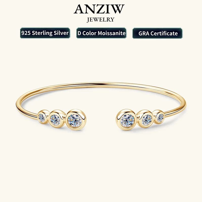 

Anziw Simple Open Ended Bracelets Cuff Silver 925 D Color Moissanite Bracelet Bangle for Women Luxury Gold Plated Charm Jewelry