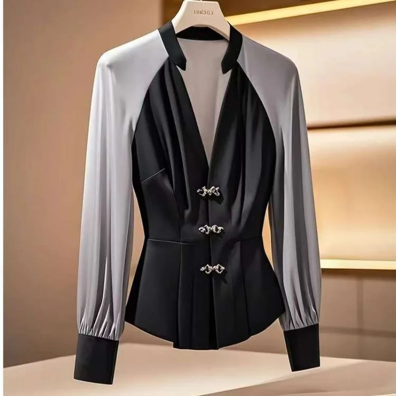 

Французский изысканный и модный топ, черная, серая рубашка с v-образным вырезом, осень