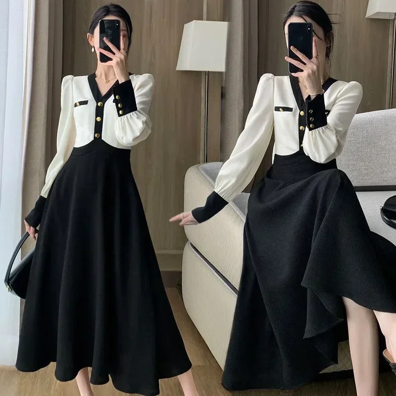 Gagarich Korean Long V-neck Dress Women Autumn Elegant French High-end Temperament Shows Thin Hepburn Style Long Vestidos