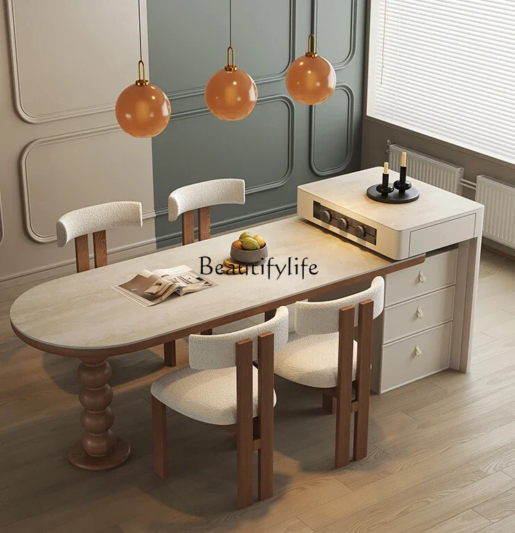 

LD33Mid-Ancient Retractable Island Table One-Piece Retro Arc Mid-Island Table Stone Plate Dining Table and Chair
