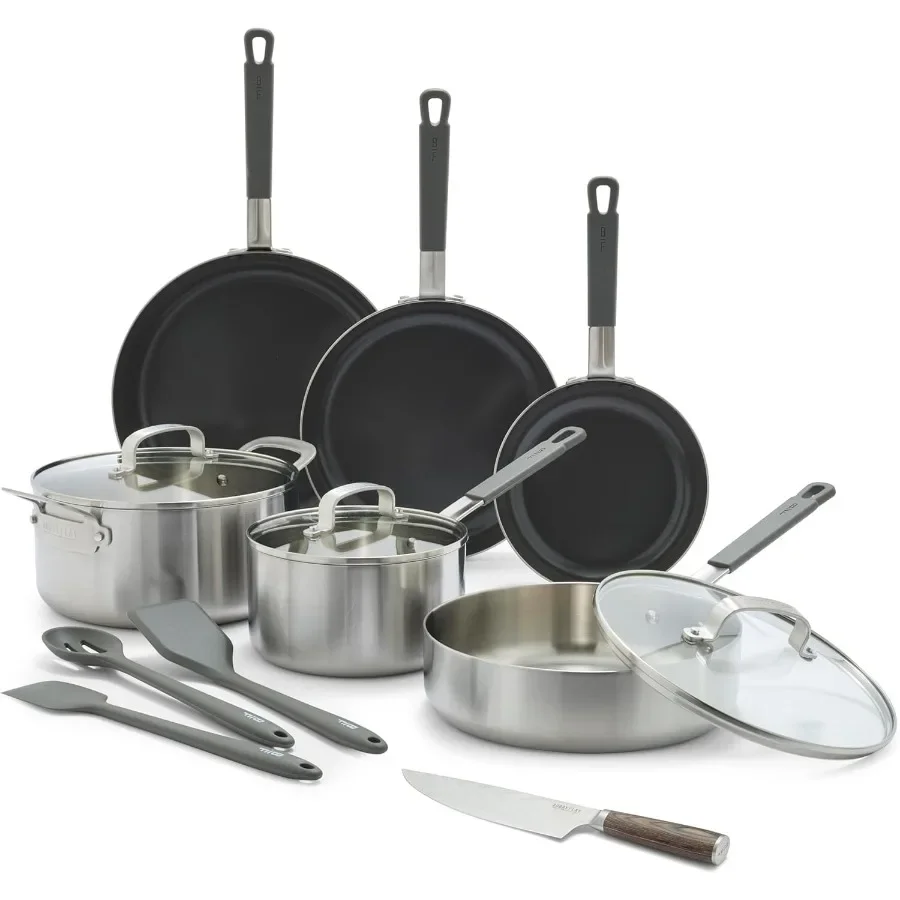 

Профессиональный набор посуды из нержавеющей стали, 12 предметов, с 8 ножом шеф-повара и трехслойной конструкцией, керамика без PFAS, не