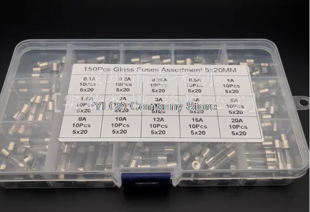150 box sets of 5x20mm glass fuses with sizes ranging from 0.1A to 20A, including 15 different specifications