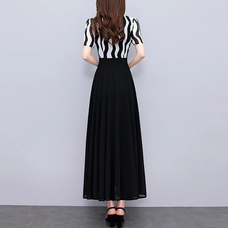 2025 Summer New Chiffon Casual Striped Dress Black Vintage Slim Fit Party Long Dress for Women Elegant Luxury Chic Prom Vestidos
