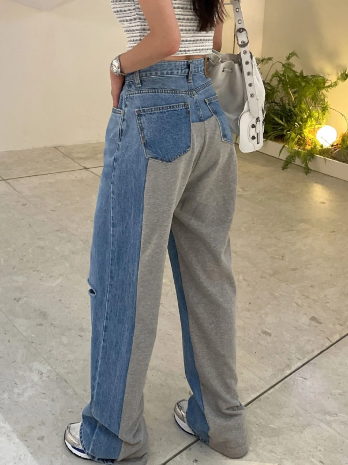 

Retro High Waist Loose Slim Straight Color Block Design Casual Long Jeans Women's Distressed Denim Pants High Waist Straight Leg