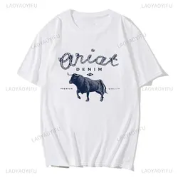 Vintage Inspired Ariat Denim Bull Printed T-Shirt Summer Casual  All-Match T Shirts Short Sleeve Cotton Women's Tee Shirt