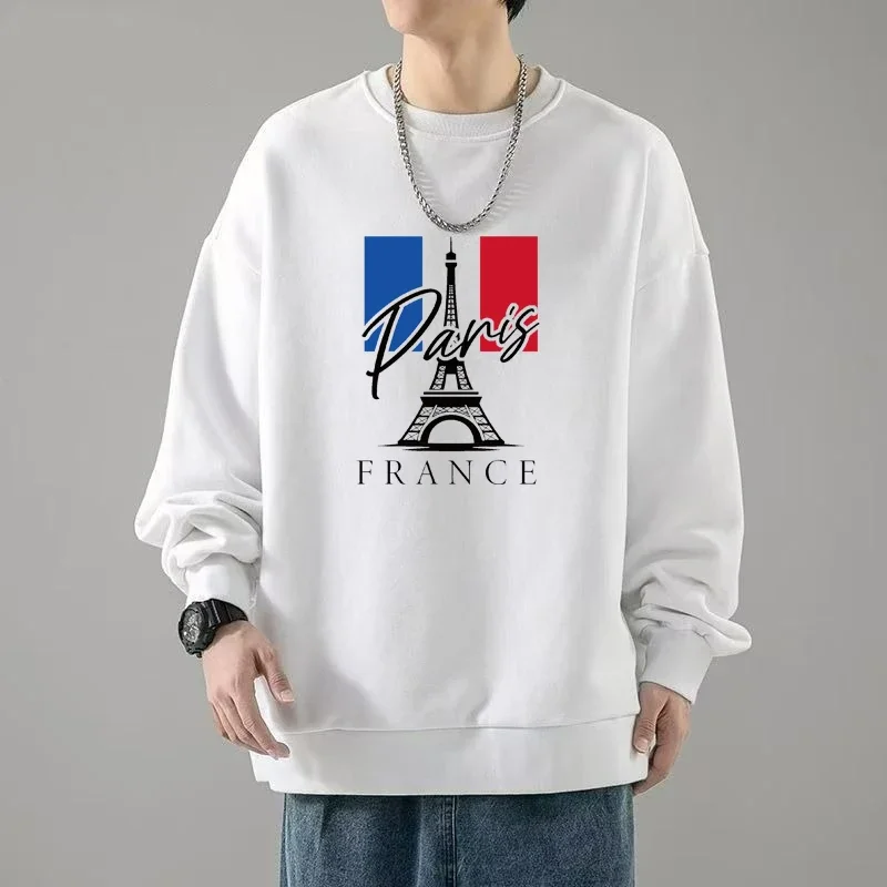 New Men's Trendy Sweatshirt Hoodies Autumn Paris Printed Long Sleeve T-shirt Men's Clothing Khaki O Neck Harajuku Oversized Top