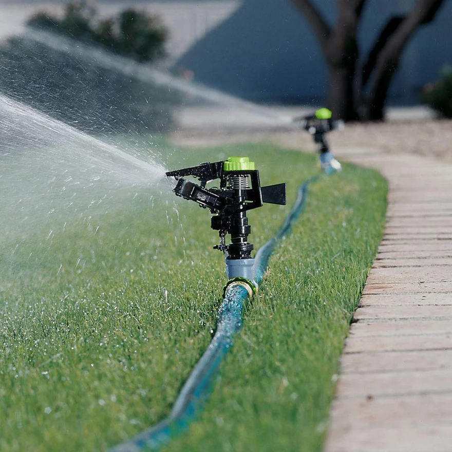 The factory produces lawn watering sprinklers with 360-degree automatic rotation for garden irrigation and yard watering