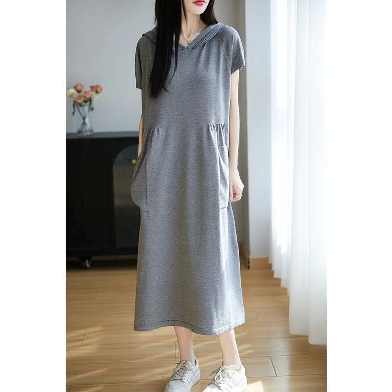 

ZOCEPT Loose Casual Hooded Knitted Women's Dress Summer Ice Silk Short Sleeved Pocket Skirt Slimming Straight Tube Dresses