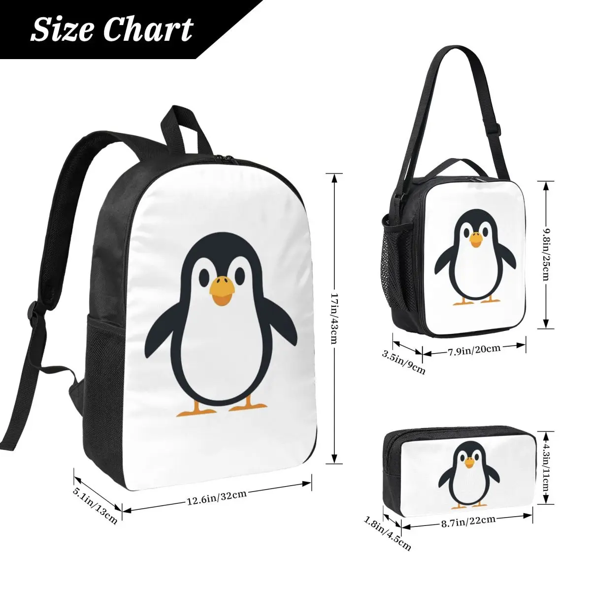 Penguin Backpack Boys Girls BookBag School Bag Computer Shoulder Bags 3ps Insulated Lunch Bag Pencil Case